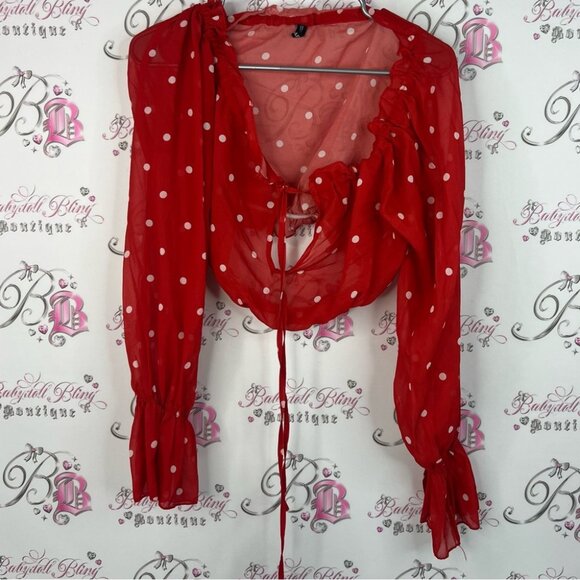 Zaful cropped polka dot top crop Red Sheer Blouse with Rhinestone Detail - Picture 1 of 7